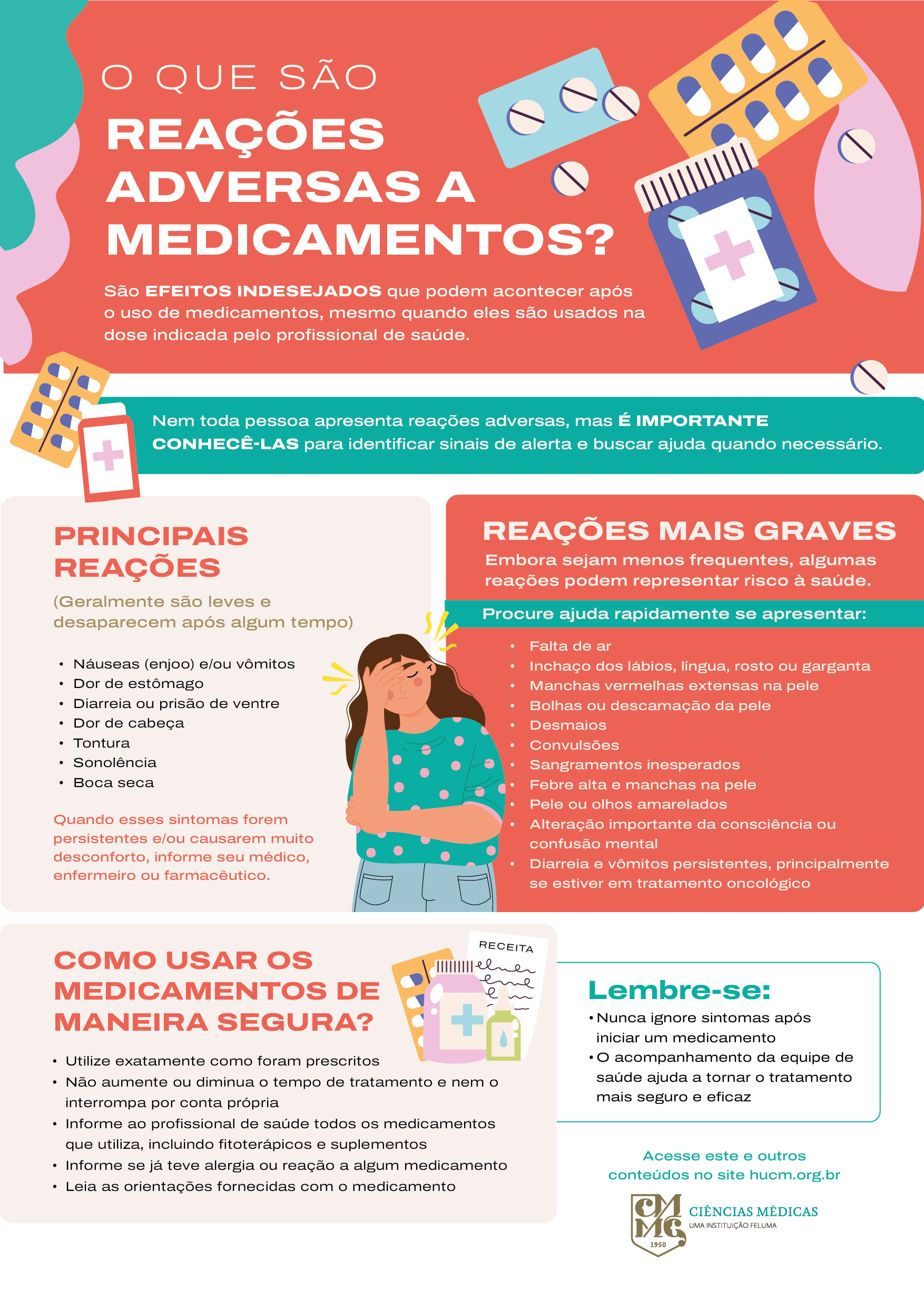 Cartaz digital "O que são reações adversas a medicamentos?". São efeitos indesejados que podem acontecer após o uso de medicamentos. Quando os sintomas forem persistentes ou causarem muito desconforto, informe seu médico, enfermeiro ou farmacêutico.